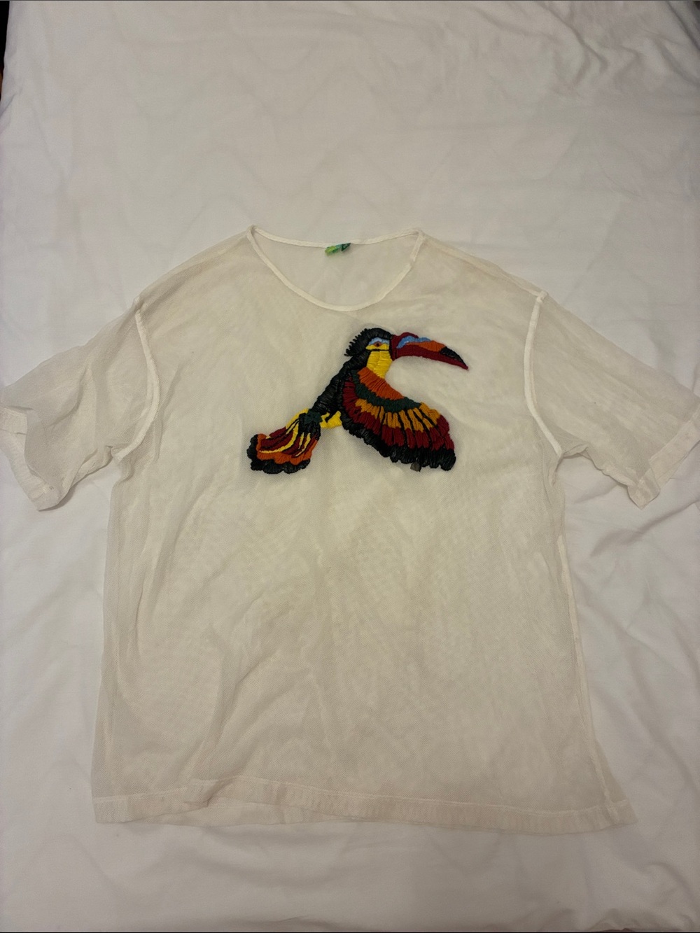 FARM Rio White Sheer Tunic with Colorful Embroidered toucan